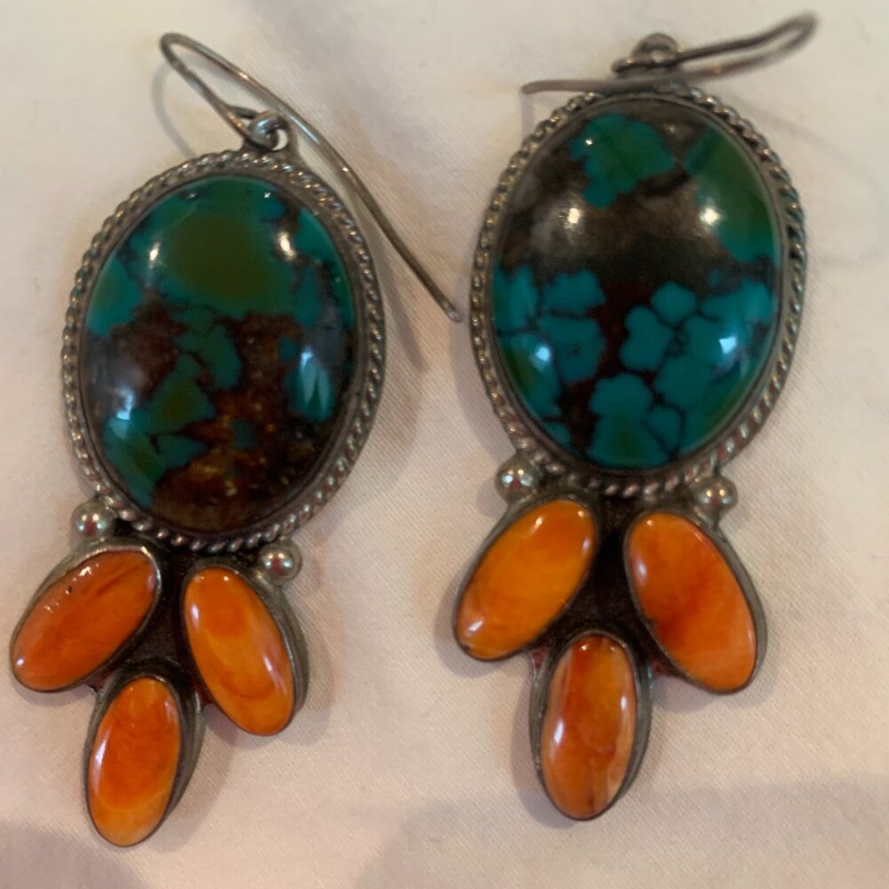 Hand-made turquoise, coral and sterling silver earrings